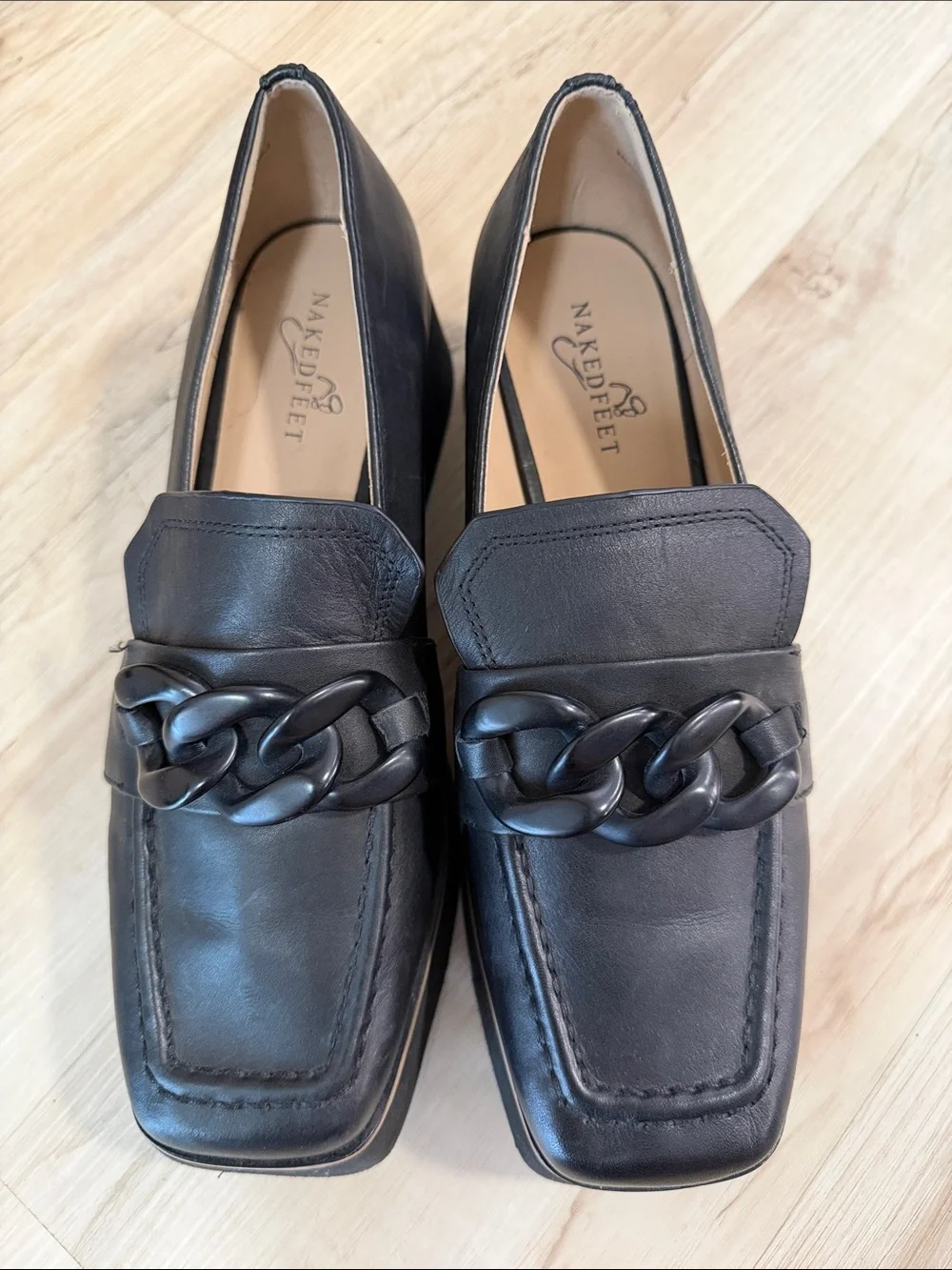 Naked Feet Privy Black Leather Platform Loafers Size 9M Chain Chunky Shoes